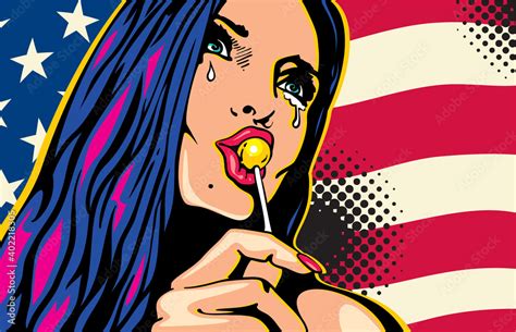 Pop art style beautiful crying woman licking lollipop on American flag ...