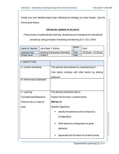 DLP 9 Electron Configuration - Create your own detailed lesson plan reflecting the strategy you ...