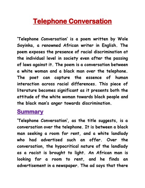 English. - Summary - Telephone Conversation 8Telephone Conversation9 is a poem written by Wole ...