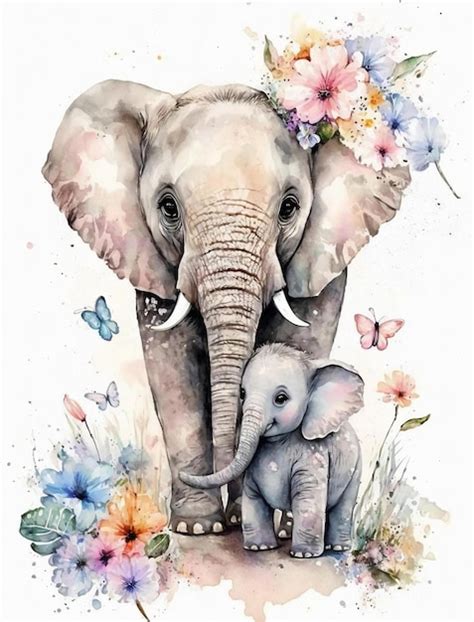 Premium AI Image | A watercolor painting of a mother and baby elephant with flowers.