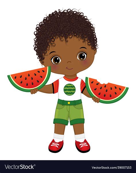 Cute little black boy holding slices watermelon Vector Image