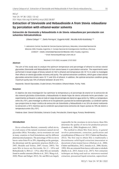 (PDF) Extraction of Stevioside and Rebaudioside A from Stevia rebaudiana by percolation with ...