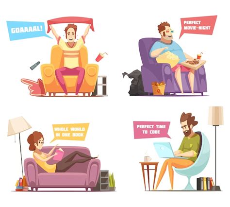 Sedentary lifestyle set of retro cartoon icons Vector | Free Download