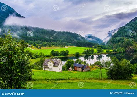 Typical Countryside Norwegian Landscape with Houses on the Shore Stock Image - Image of forest ...