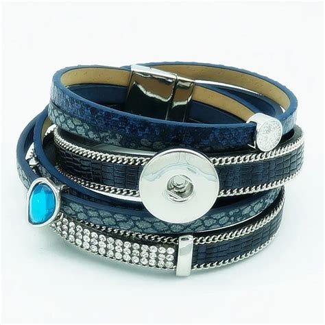 Fashion Multi layer Leather Serpentine pattern crystal snap bracelets 60cm fit 18mm snap buttons ...