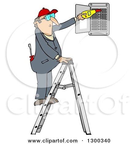 Cartoon Caucasian Electrician Man Standing on a Ladder and Checking a Breaker Panel Box Posters ...