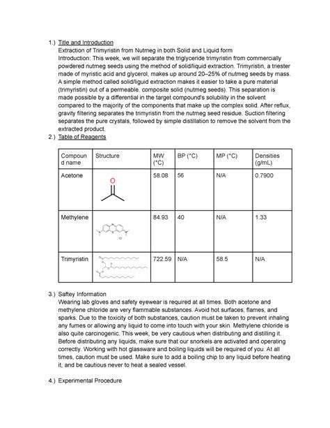 Extraction of Trimyristin from Nutmeg in both Solid and Liquid form - 1.) Title and Introduction ...