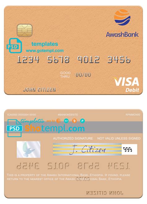 Ethiopia Awash International Bank visa card fully editable template in ...