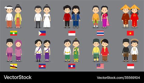 ASEAN People In Traditional Costume With Flag Stock Illustration By ...