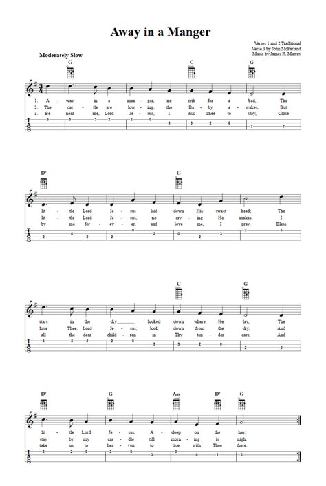 Away in a Manger: Chords, Sheet Music and Tab for Ukulele with Lyrics