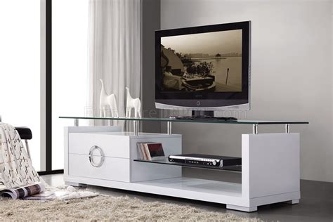 White Finish Modern TV Stand w/Two Drawers & Glass Top