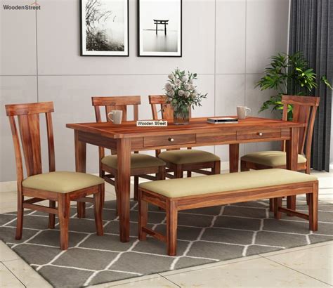 Buy Mcbeth Storage 6 Seater Dining Table Set With Bench (Honey Finish ...