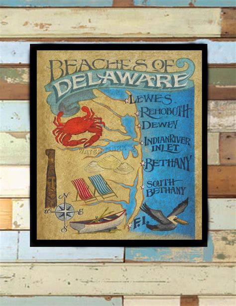 Delaware Beaches Map Style Print From an Original Hand Painted | Etsy