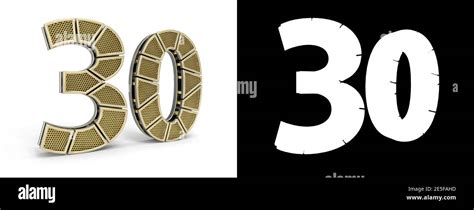 Gold number thirty (number 30) cut into perforated gold segments with alpha channel and shadow ...