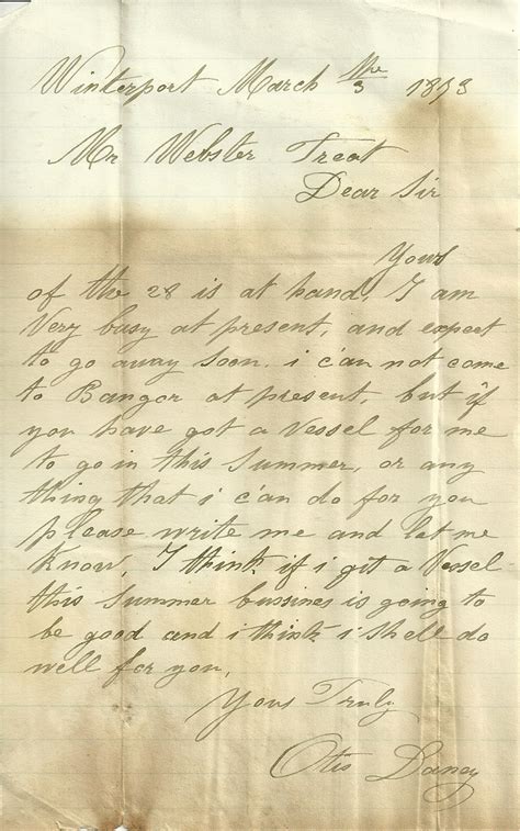 Heirlooms Reunited: 1873 letter to Webster Treat at Bangor, Maine, from Otis Daney, Winterport ...