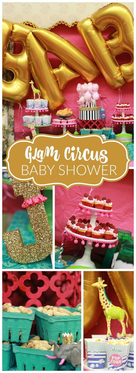 You have to see this glam circus baby shower with gold mylar balloons! Baby Shower Menu, Baby ...