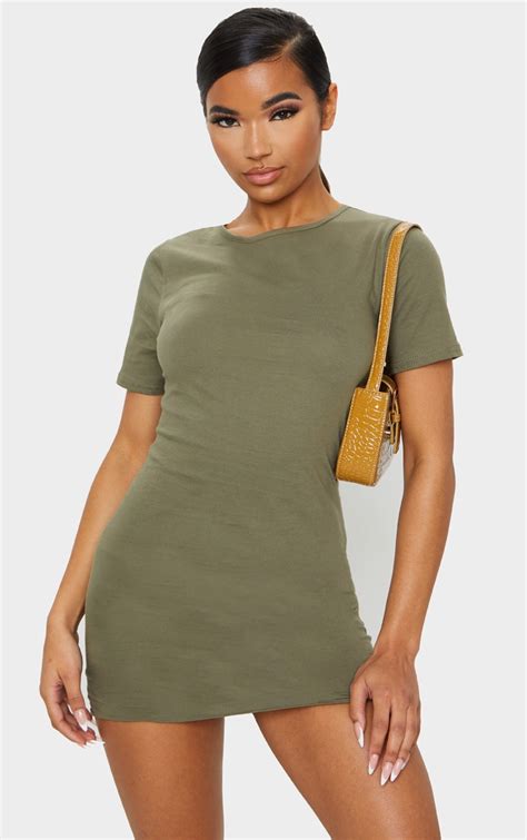 Khaki Short Sleeve Bodycon Dress | Dresses | PrettyLittleThing