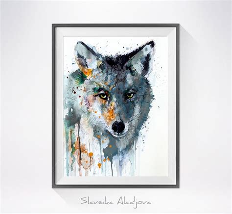 Charcoal Coyote watercolor painting print Coyote art by SlaviART