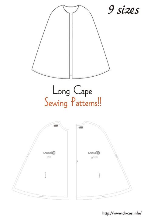 the front and back view of a cape sewing pattern, with text that reads long cape sewing patterns