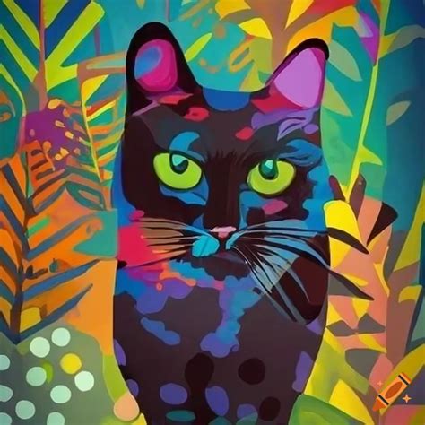 Colorful bauhaus style painting featuring a black cat in a botanical garden
