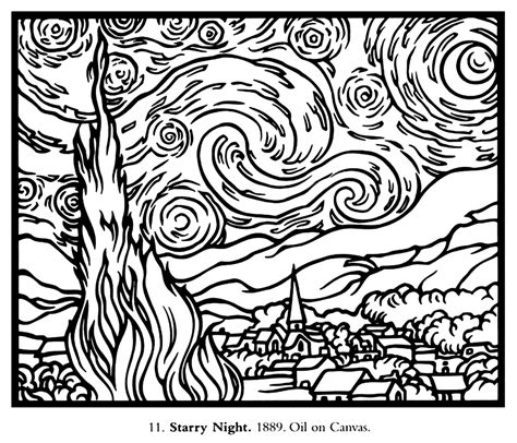 Vincent Van Gogh - The Starry Night (1889) - Masterpiece Coloring Pages for adults