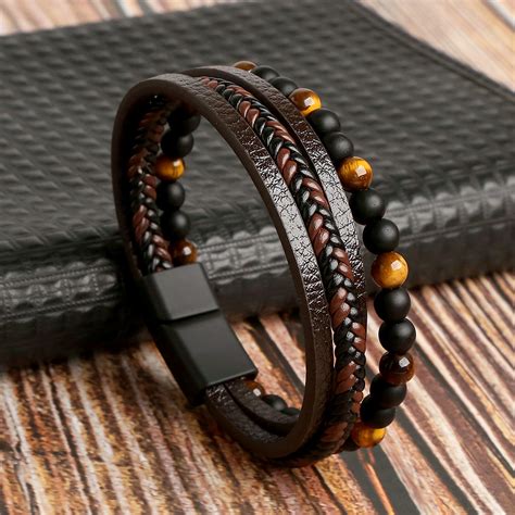 Men's Multi-Layer Woven Genuine Leather Lava Stone Bracelet - The Gallant Male