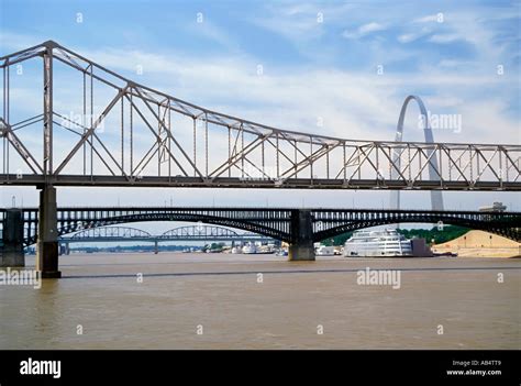 Three bridges cross the Mississippi River at St Louis Missouri MO with the Arch in the ...