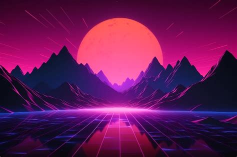 Premium Photo | A neon landscape with mountains and the sun