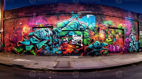 A vibrant photograph of a graffiti-covered urban wall, showcasing the ...