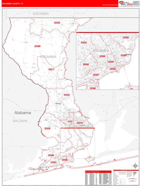 Escambia County, FL Zip Code Wall Map Red Line Style by MarketMAPS - MapSales