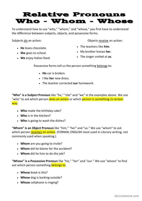 Relative Pronouns: Who - Whom - Whos…: English ESL worksheets pdf & doc