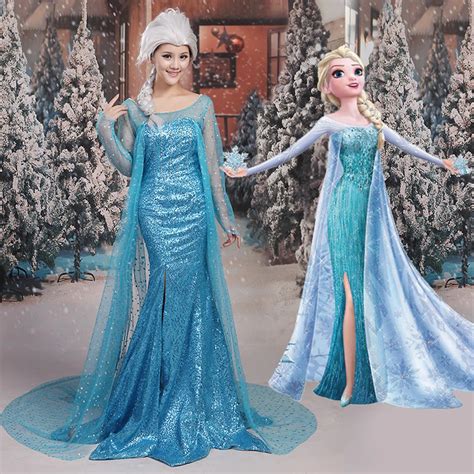 High Quality Adult Snow Queen Princess Elsa Cosplay Costume Elsa Long Blue Dress Women Halloween ...