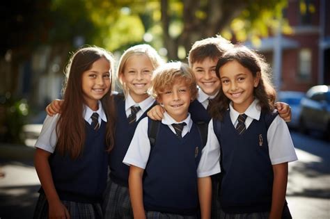 Premium Photo | A group of children wearing school uniforms stand ...