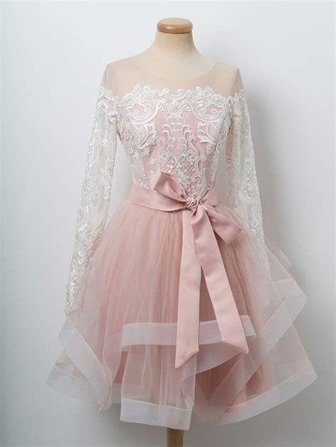 A-line Cute Pink Short Prom Dress Long Sleeve Scoop Lace Homecoming ...