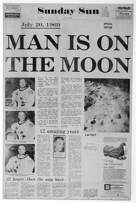 the sun newspaper front page with an article about man is on the moon