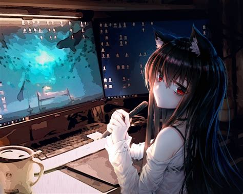 Anime Cat Girl, Room, Computer, Animal Ears, Coffee, - Anime Gamer Girl Computer - 1280x1024 ...