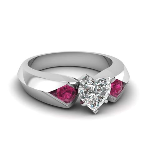 Heart Shaped Knife Edge 3 Stone Engagement Ring With Pink Sapphire In ...