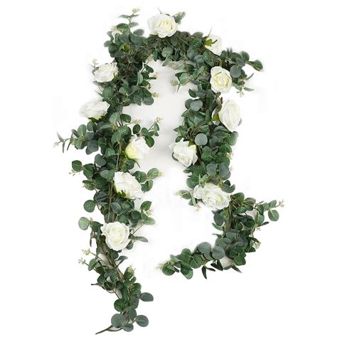 Buy FamibayArtificial Eucalyptus Garland with Roses 1Pc 5.9Ft Greenery ...