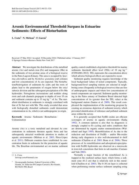 (PDF) Arsenic Environmental Threshold Surpass in Estuarine Sediments: Effects of Bioturbation