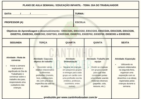 PLANO DE AULA SEMANAL SOBRE O DIA DO TRABALHADOR DA EDUCAÇÃO INFANTIL ...