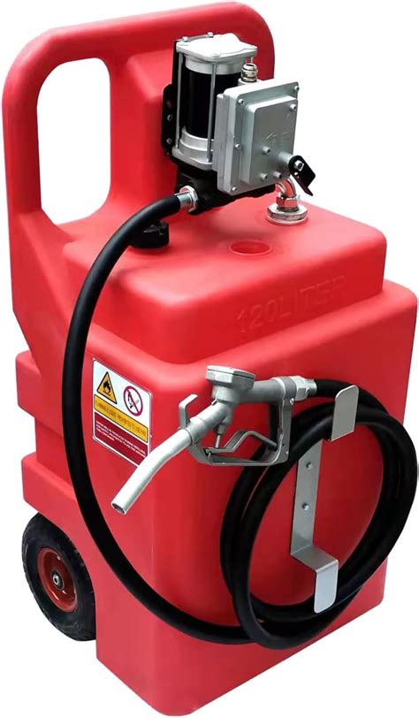 32 Gallon Portable Fuel Tank with 12V Fuel Transfer Pump, Wheels, Handle, and 13-Foot Long Hose ...