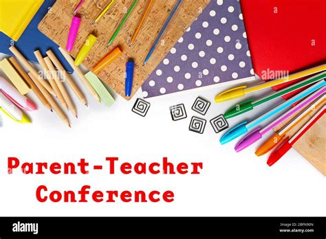 Text PARENT-TEACHER CONFERENCE and stationery on white background ...