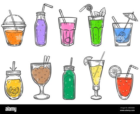 Sketch summer drinks. Glass of soft drink, cold fruit juice and colorful coctalis hand drawn ...