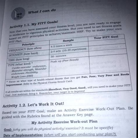 SOLVED: What I can do Activity 1.1. My FITT Goals! I can do moderate to ...