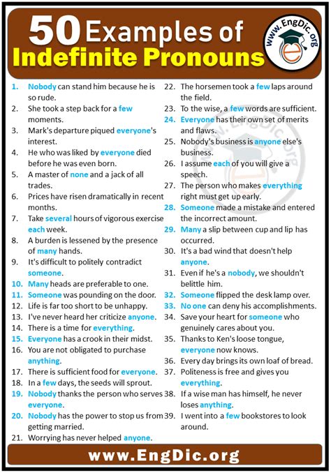 50 Examples of Indefinite Pronouns in Sentences - EngDic