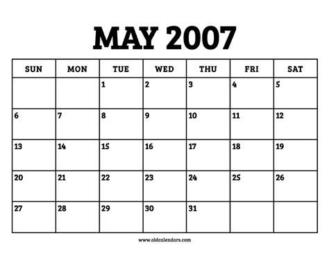 Calendar May 2007 – Printable Old Calendars