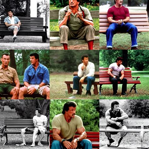 Sylvester Stallone as Forrest Gump, sitting on a bench | Stable ...