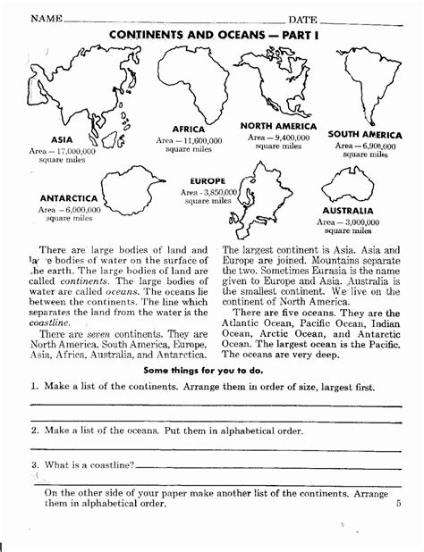 Continents And Oceans Worksheet 5th Grade