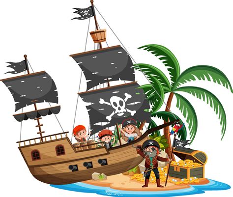 Pirate ship on island with many kids isolated on white background ...