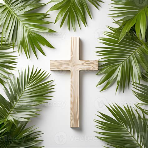 AI Generated Palm Leaves, Catholic Wooden Cross. Palm Sunday And Easter ...